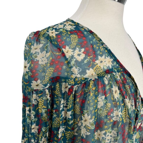 Pins & Needles Anthropologie Sheer Floral Blouse Teal Multicolor Size Small - Picture 4 of 11